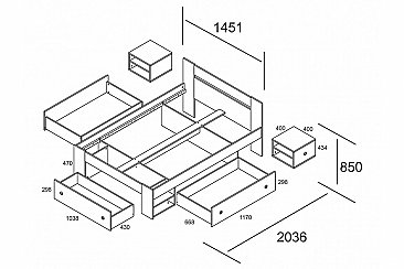 Кровать двуспальная с ящиками (140 / 160) Белый - схема с размерами