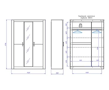 Шкаф 3-х дверный с зеркалами Денвер Риббек серый - схема, h 2194 мм