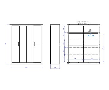 Шкаф 4-х дверный с зеркалами Денвер Риббек серый - схема, h 2300 мм