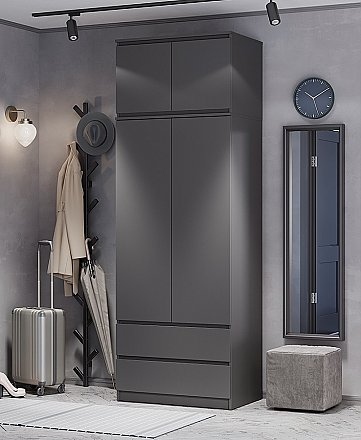 Шкаф 2-х створчатый с антресолью и ящиками Симпл Графит